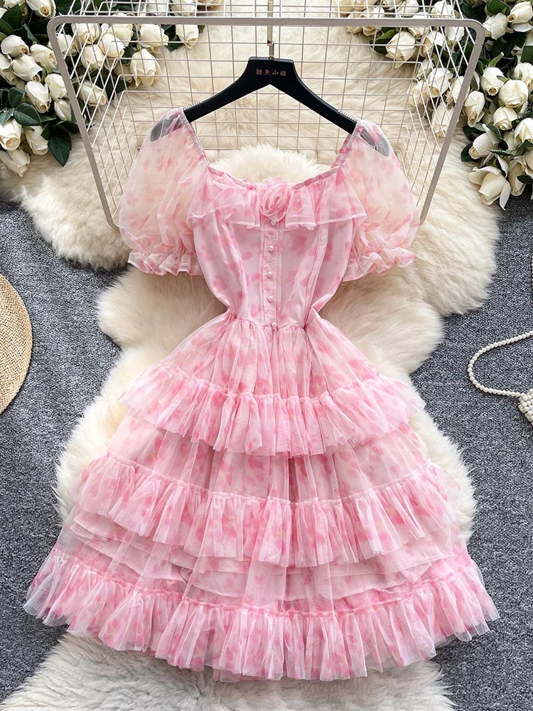 Letnia damska sukienka mini z dekoltem typu \"bubble sleeve\", nowa modna, słodka sukienka na przyjęcie urodzinowe, krótka sukienka z siateczki w stylu \"cake\", L02