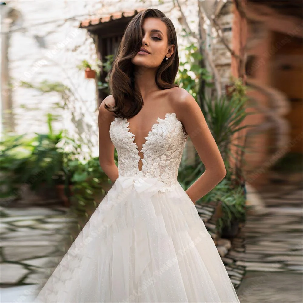 Vestidos de casamento sexy com decote em v para mulheres, lindos vestidos de noiva princesa sem mangas, vestido de senhora macio, novo