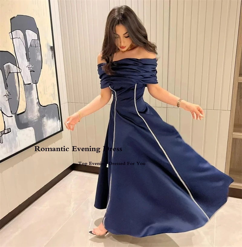 Romantic A Line Black Satin Evening Gowns2022 Women Off The Shoulder Saudi Arabia Short Prom Dress Dubai Prom Dress Ankle Length