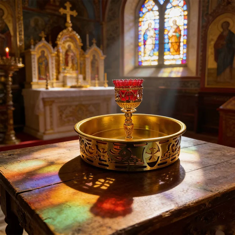 

New 2026 Luxury Gold-Plated Orthodox Vigil Lamp Candle Holder with Holy Water Bowl Premium Liturgical Vessel for Devotion Gift