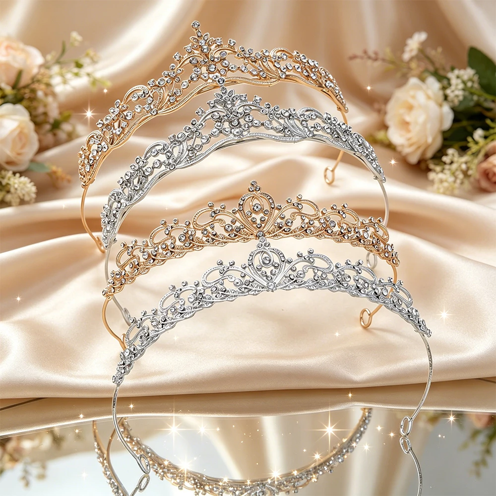 Women Queen Fashion - 투명한 라인스톤 꽃무늬 신부 티아라, 풀