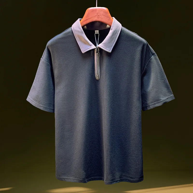 

Summer thin polo shirt men's 2025 new large loose short sleeved half cardigan zipper lapel short sleeved shirt