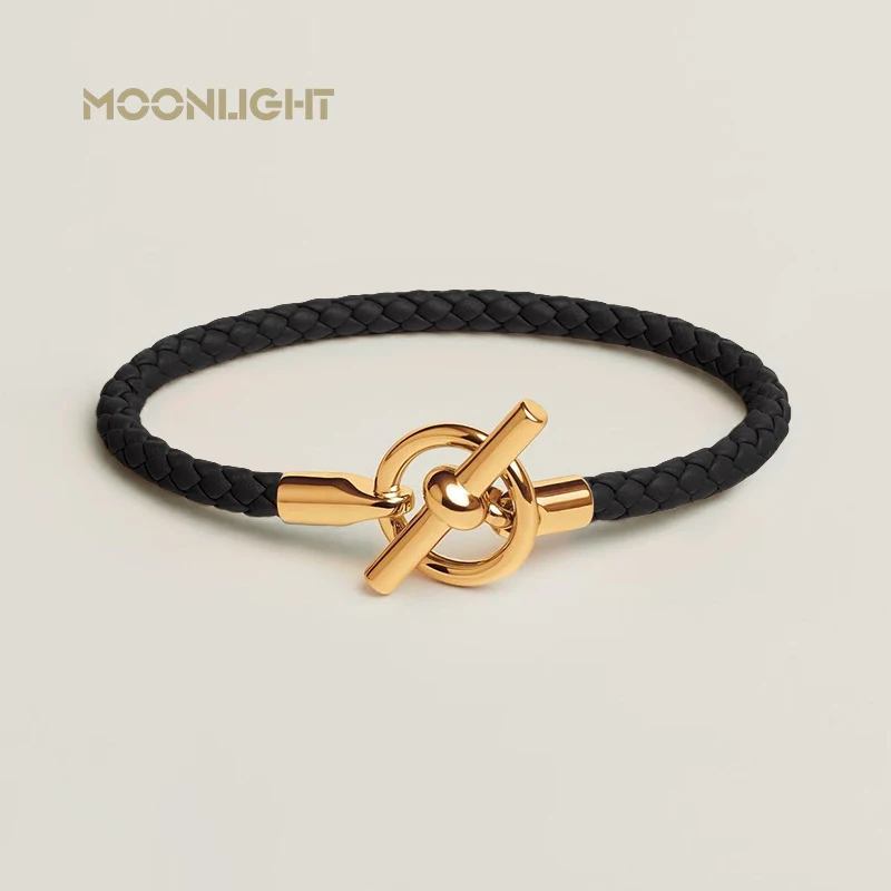 MOONLIGHT Women's Trendy Gold Color OT Lock Braided Leather Bracelet Classic Designer Men Women Bracelet Fashion Accessories