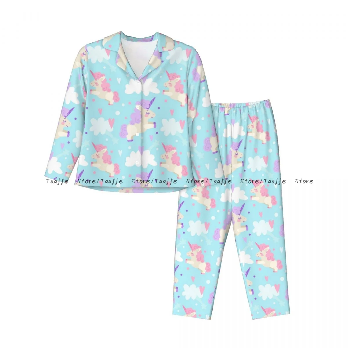 Women's Pajamas Long-sleeved Girl Loungewear Two-piece Set Cute Unicorn Between Clouds Pattern Pajamas for Autumn Spring