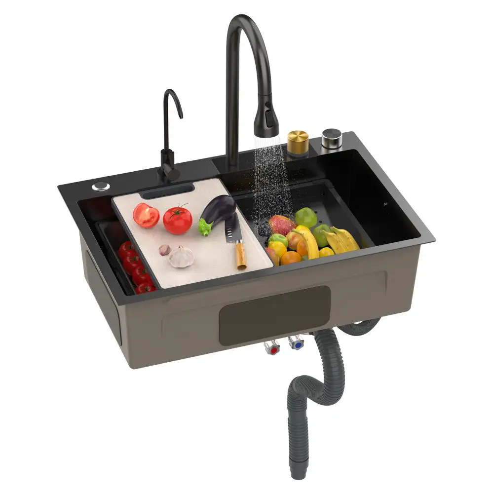 

Black Waterfall Kitchen Sink Stainless Steel Single Bowl Bar Sink Cup Rinser Drop In Undermount Farmhouse Workstation