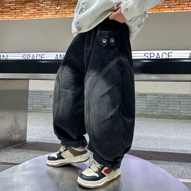 Boy Streetwear Vintage Baggy Jeans With Back Pocket for Kids Children Harajuku Distressed Denim Pants y2k Punk Graphic Trousers