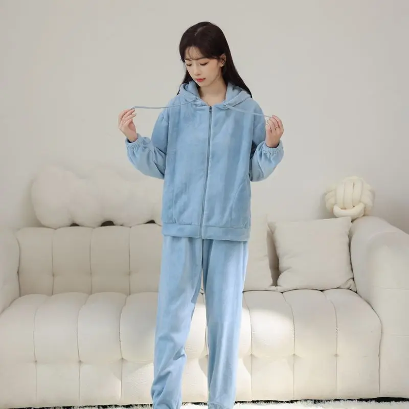 Flannel Warm Pyjamas Set for Women Comfy Soft Lounge Sets Solid Color Hooded Top and Long Pants 2pcs Pjs Sleepwear Pajamas Sets