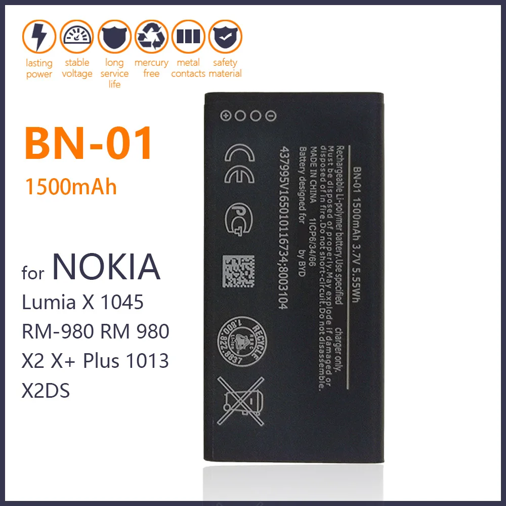 

100% Origina BN-01 Battery For Nokia Lumia X 1045 RM-980 RM 980 X2 X+ Plus 1013 X2DS 1500mAh Phone New Batteries+Tracking number