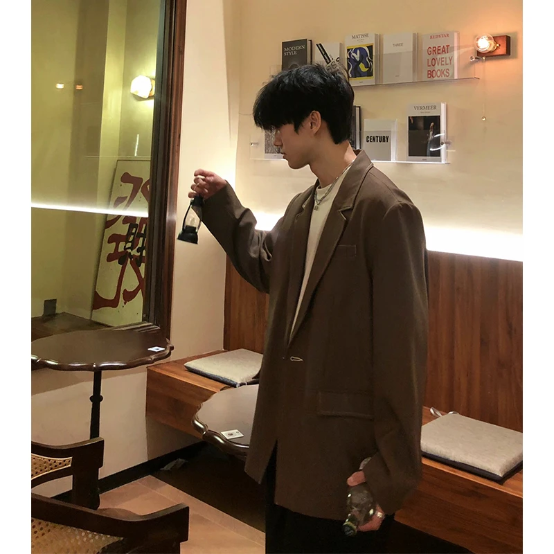 

Мужской пиджак Naples Brown: повседневный стиль, весна-осень, свободный крой, длинный рукав, полиэстер, на одной пуговице, однотонный