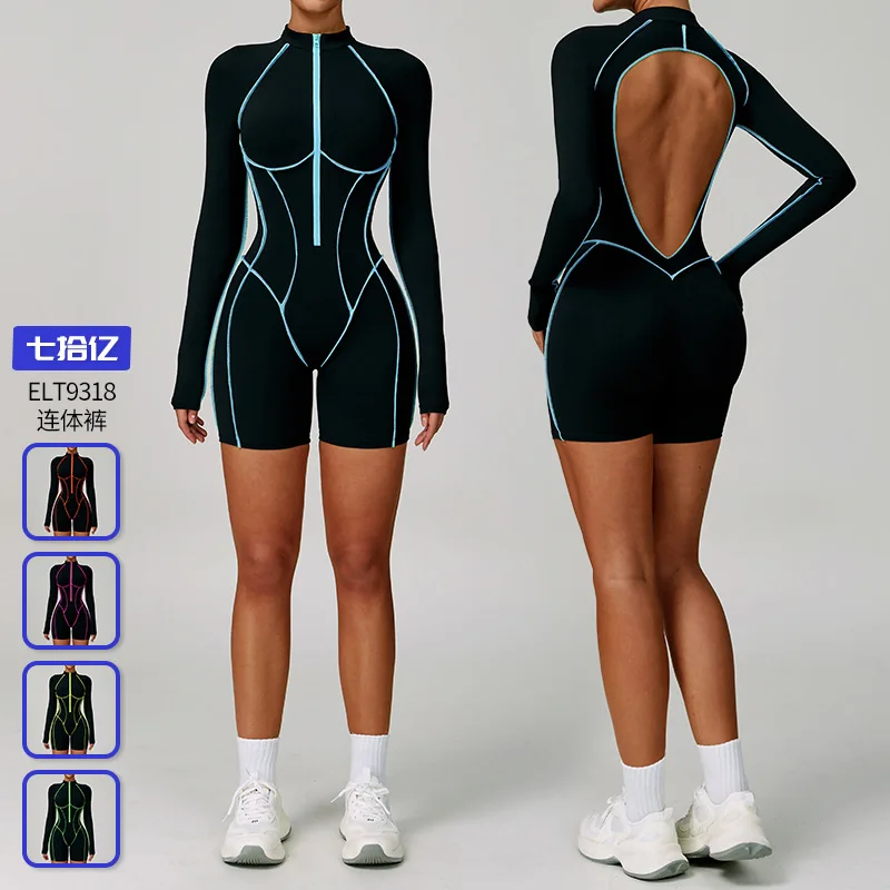 

Brushed and color-blocking yoga jumpsuit, cut-out tight-fitting fitness suit with a beautiful back, and black sports jumpsuit