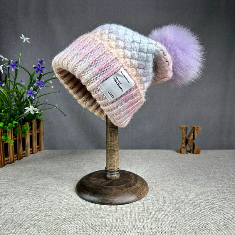 Chapeau à Pompon en Fourrure de Lapin pour Femme et Fille, Bord Bouclé, Mélange de Couleurs, Haute Qualité, Valide en Nens, Hiver, Nouveau