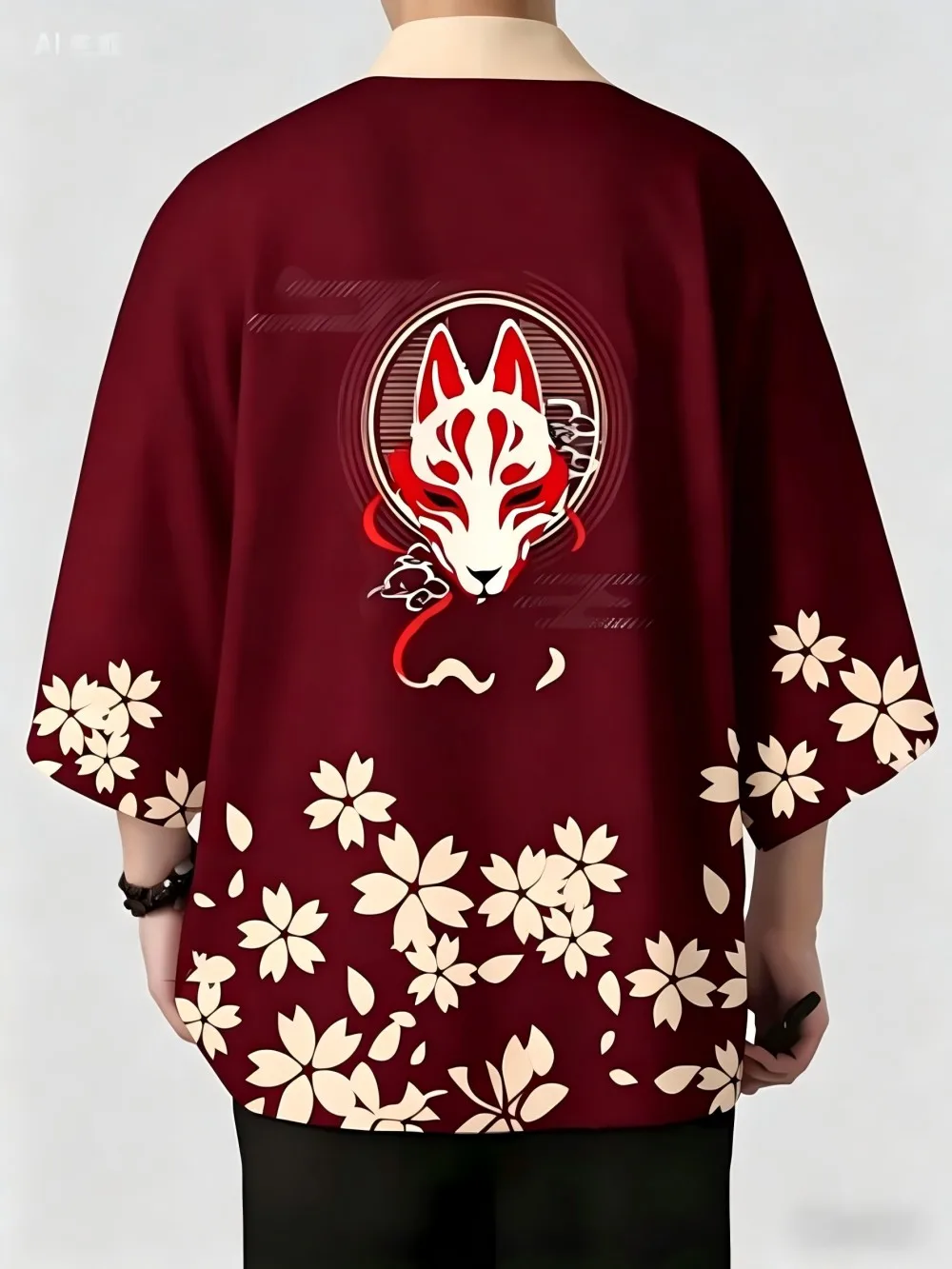 European and American men's summer fox cherry blossom print comfortable and breathable kimono outdoor casual traditional top