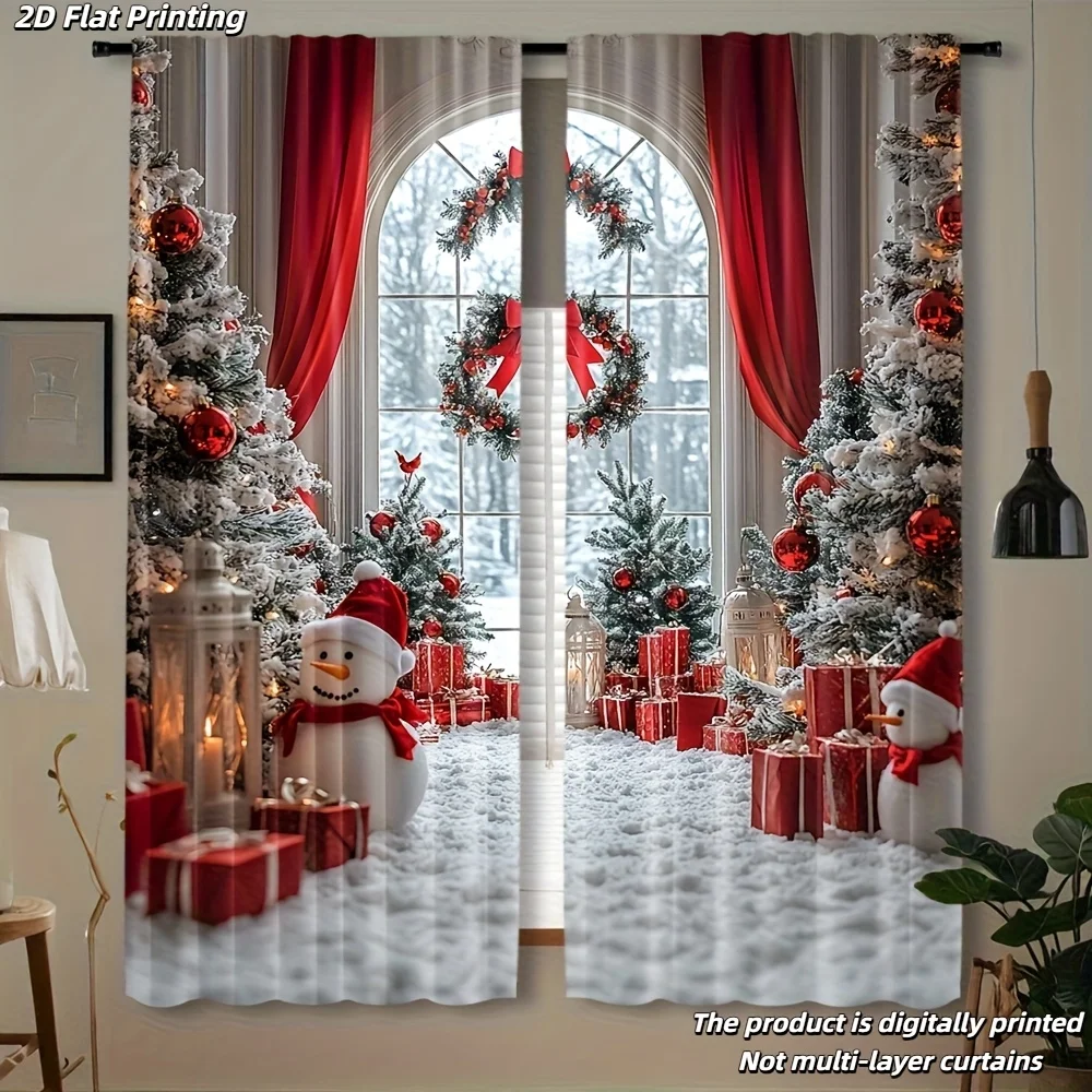 2PCS Christmas Curtains, Snowman Red Gift Flocked Xmas Tree Wreath, Digital Print, Bedroom Living Room, Rod Pocket, Home Decor