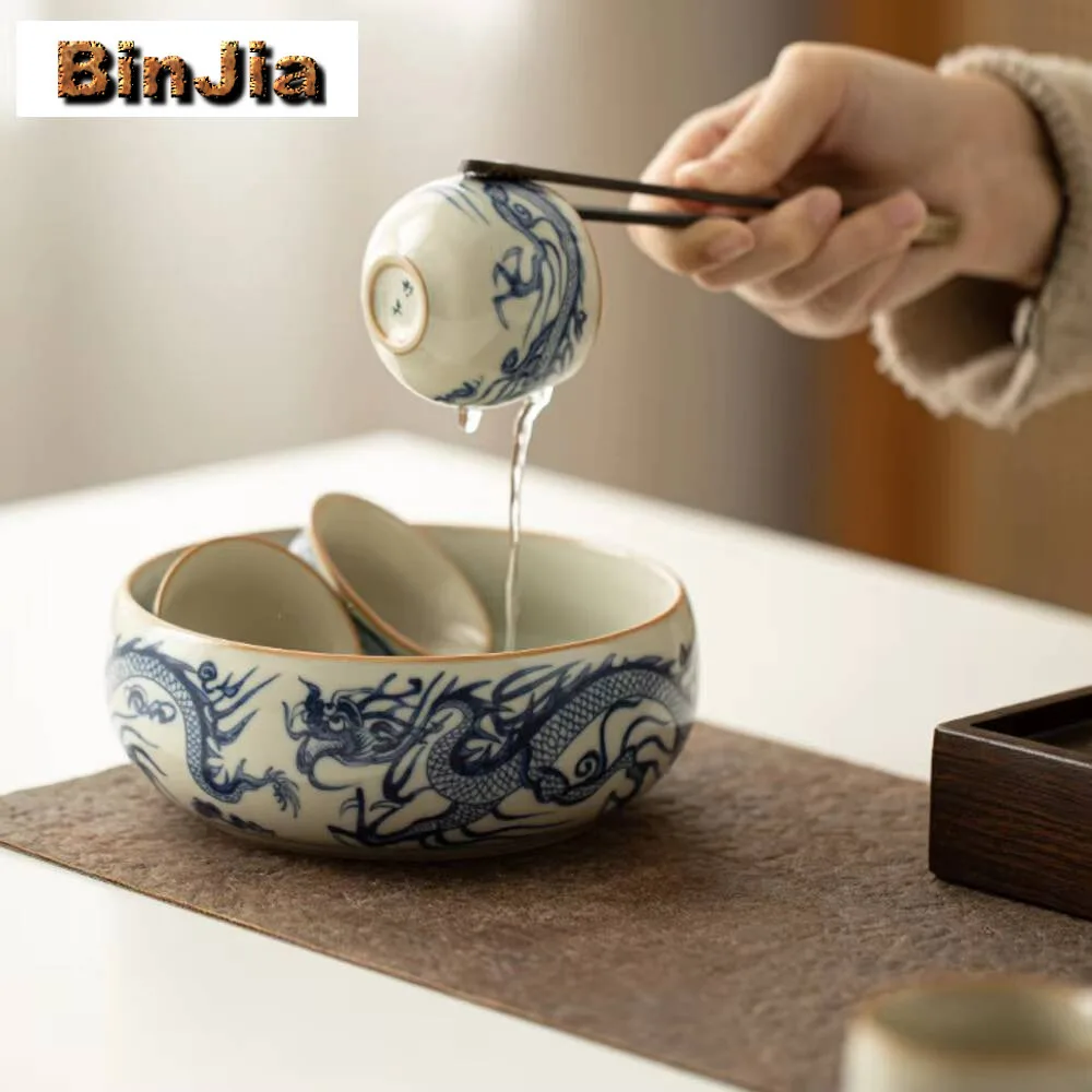 800ml Retro Blue And White Dragon Jianshui Washing Cup Bowl Writing-brush Washer Tea Residue Barrel Chinese Set Chaxi Craft Gift