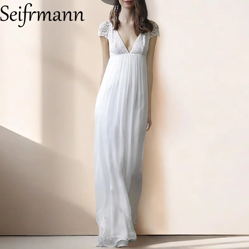 Seifrmann Solid Short Sleeve Slim Women Long Dress Sexy V-Neck High waist Lace Hollow Out Elegant Chic Summer Party Prom Dresses