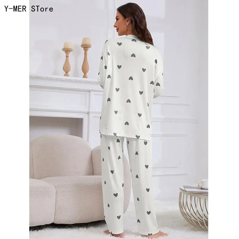 Women Small Heart Print Jacquard Pajama Set Round Neck Long Sleeve Two Piece Wearable Outside Home Loungewear