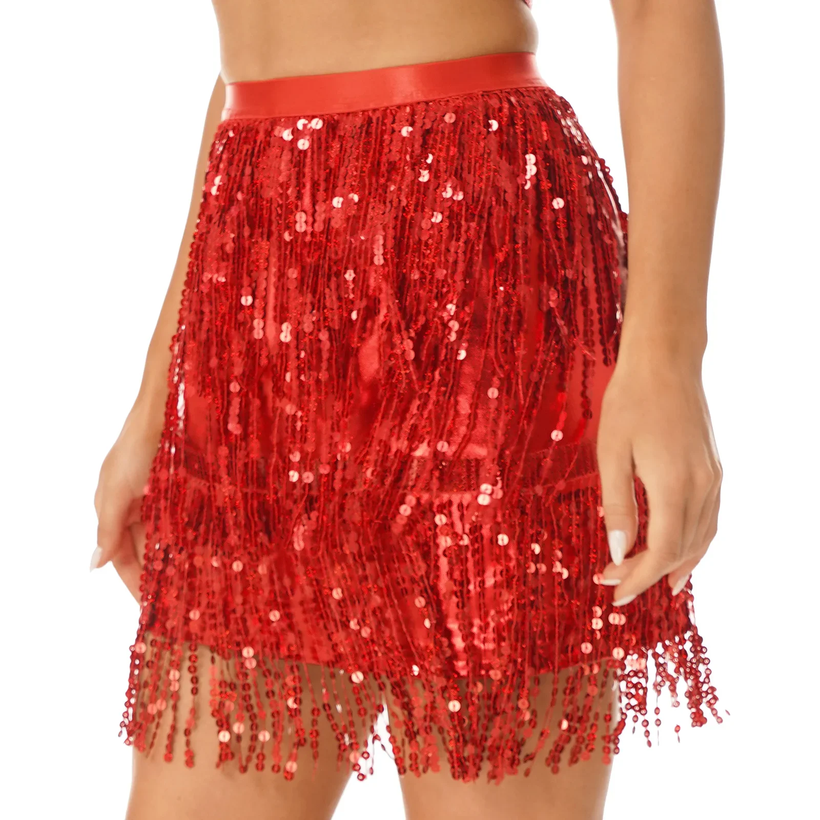 Womens Fringed Patent Leather Raves Skirts Sparkly Sequin Tassel Skirt Elastic Waistband Latin Belly Dance Performance Costume