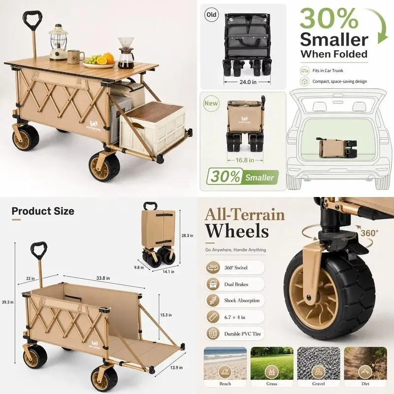 for Folding camper 2-in-1 table with all-terrain wheels 360 degree rotation double brakes fast assembly multi-function