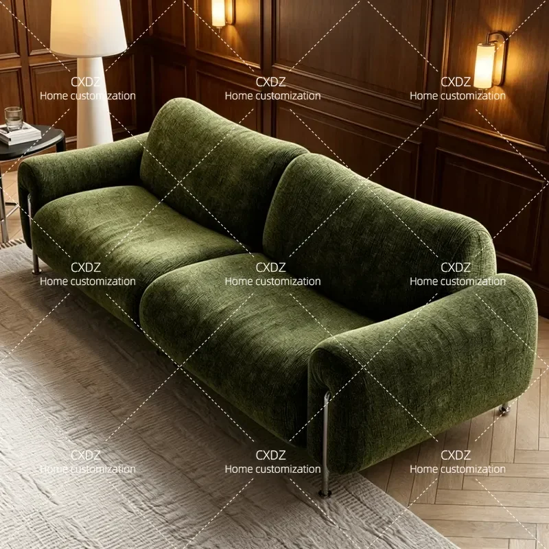 Retro medieval style avocado green fabric straight row sofa metal thin feet large flat floor living room B & B leisure sofa