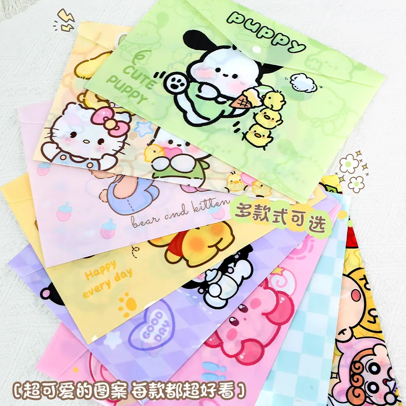 Bolsa de archivo Sanrio 2025 Kawaii Hellokitty Mymelody Kuromi estudiante dibujos animados transparente A4 botón Material bolsa de almacenamiento de papelería