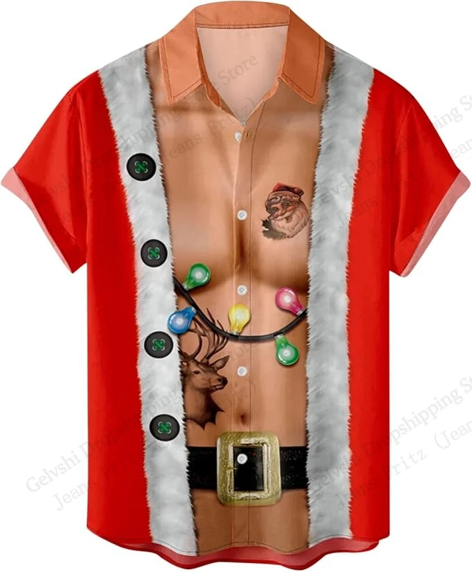 Funny Santa Claus Muscle 3D Print Hawaiian Shirt Men Women Fashion Soft Short Sleeve Christmas Shirt Men Clothing Camisas Hombre