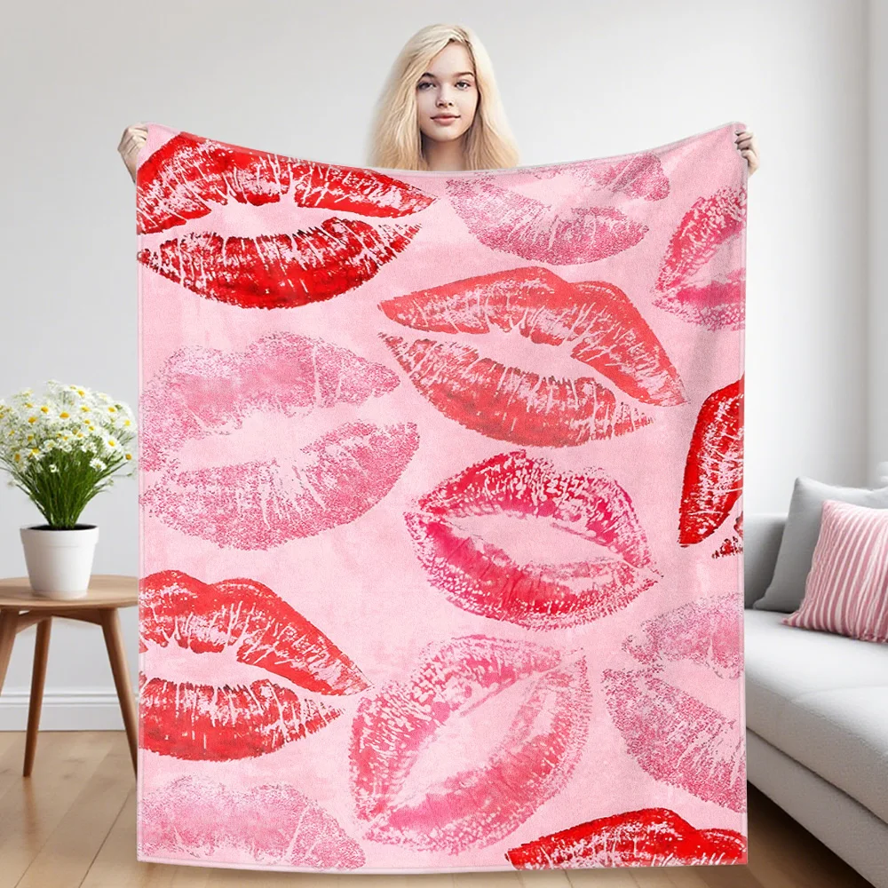 Lip Print Kisses Flannel Luxury Blanket, Lightweight And Comfortable Woolen Blanket, Ultra-Fine Fiber