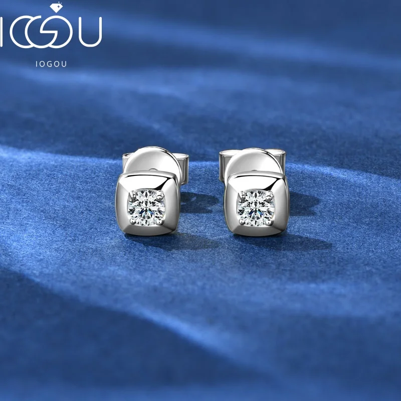 IOGOU 3mm D VVS1 Round Moissanite Square Shape Stud Earrings for Women Men Genuine 925 Silver Minimalist Fine Jewelry Party Gift