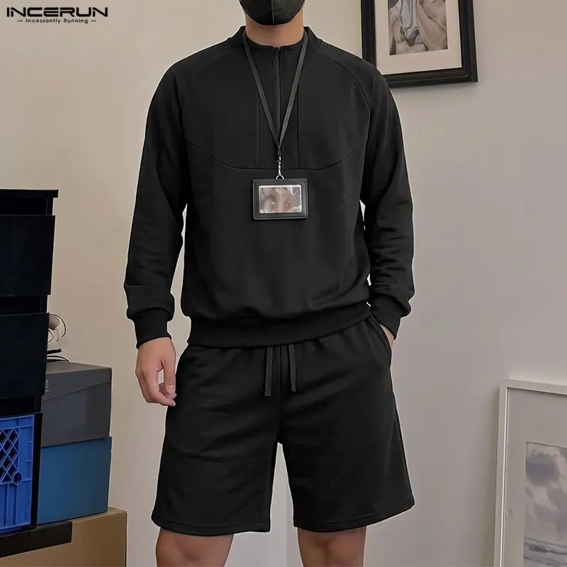 INCERUN Men Sets Solid Color Loose Zipper Long Sleeve Hoodies Shorts Two Piece Sets Streetwear Stylish Leisure Men Matching Sets