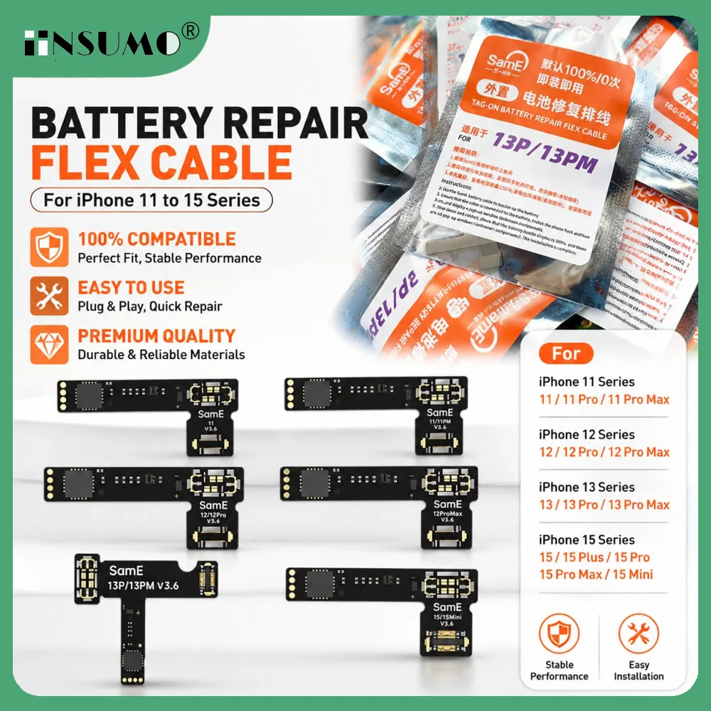 5pc SamE Pre-Programmed Battery Tag-on Flex Cable For iPhone 15 Pro Max 14 13 12 11 SE3 Shows 100% Health 0 Cycle Solve Pop Up