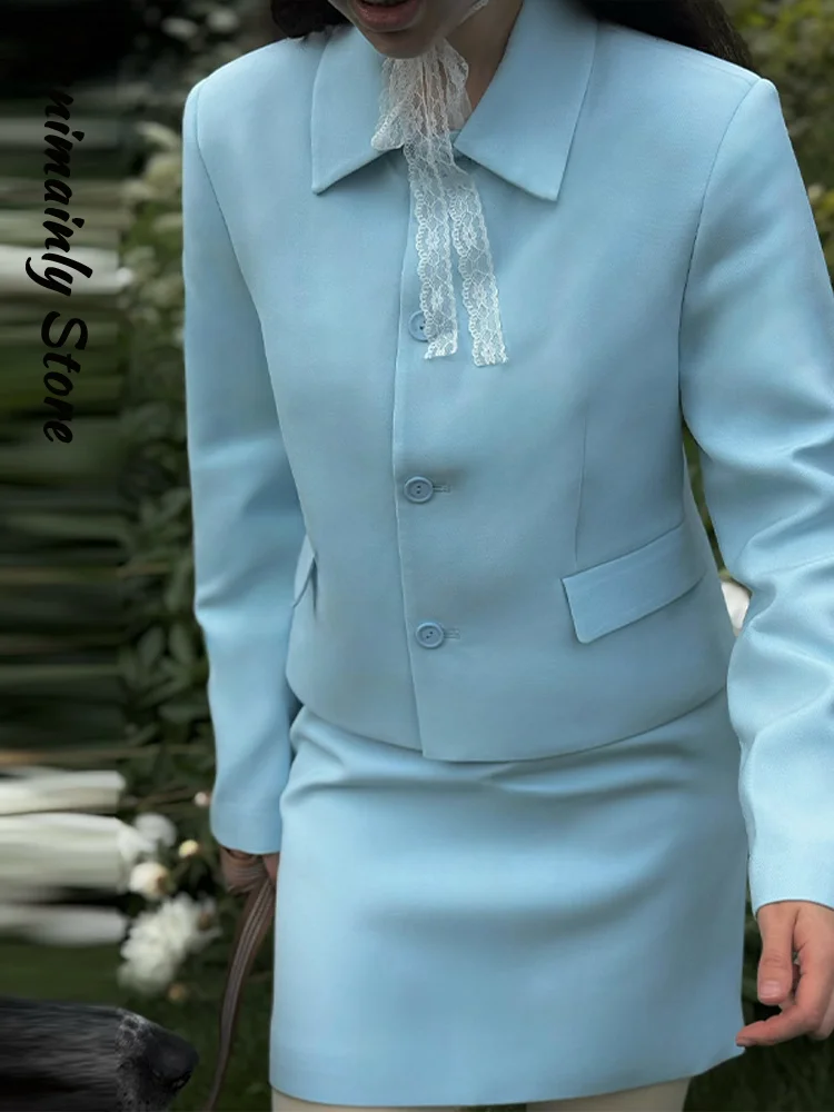 

Elegant Blue Women's Suit Jacket Short Skirt 2-piece Set Lapel Single Breast Pocket Jackets Straight Skirts 2025Autumn Lady Suit