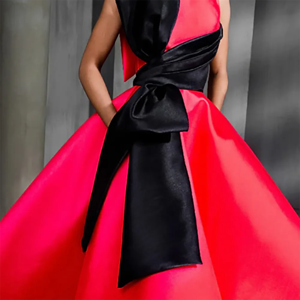 클래식 스테인 오-넥 민소매 보우 새시 A 라인 정장 이브닝 드레스 생일 파티 댄스 파티 드레스 맞춤형