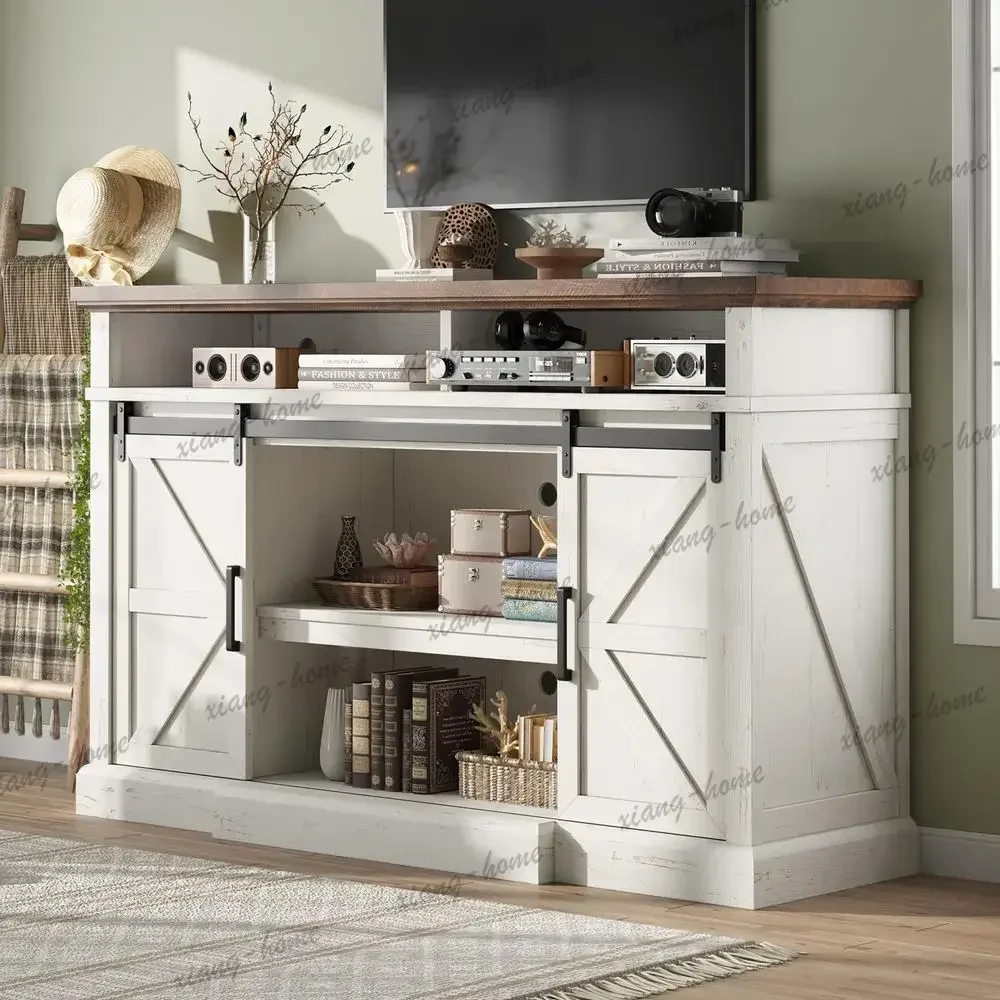 ls66 W Farmhouse TV Stand, Wood 40 H Tall Entertainment Center with Sliding Barn Door amp Large Storage Shelves, Rustic Media Co