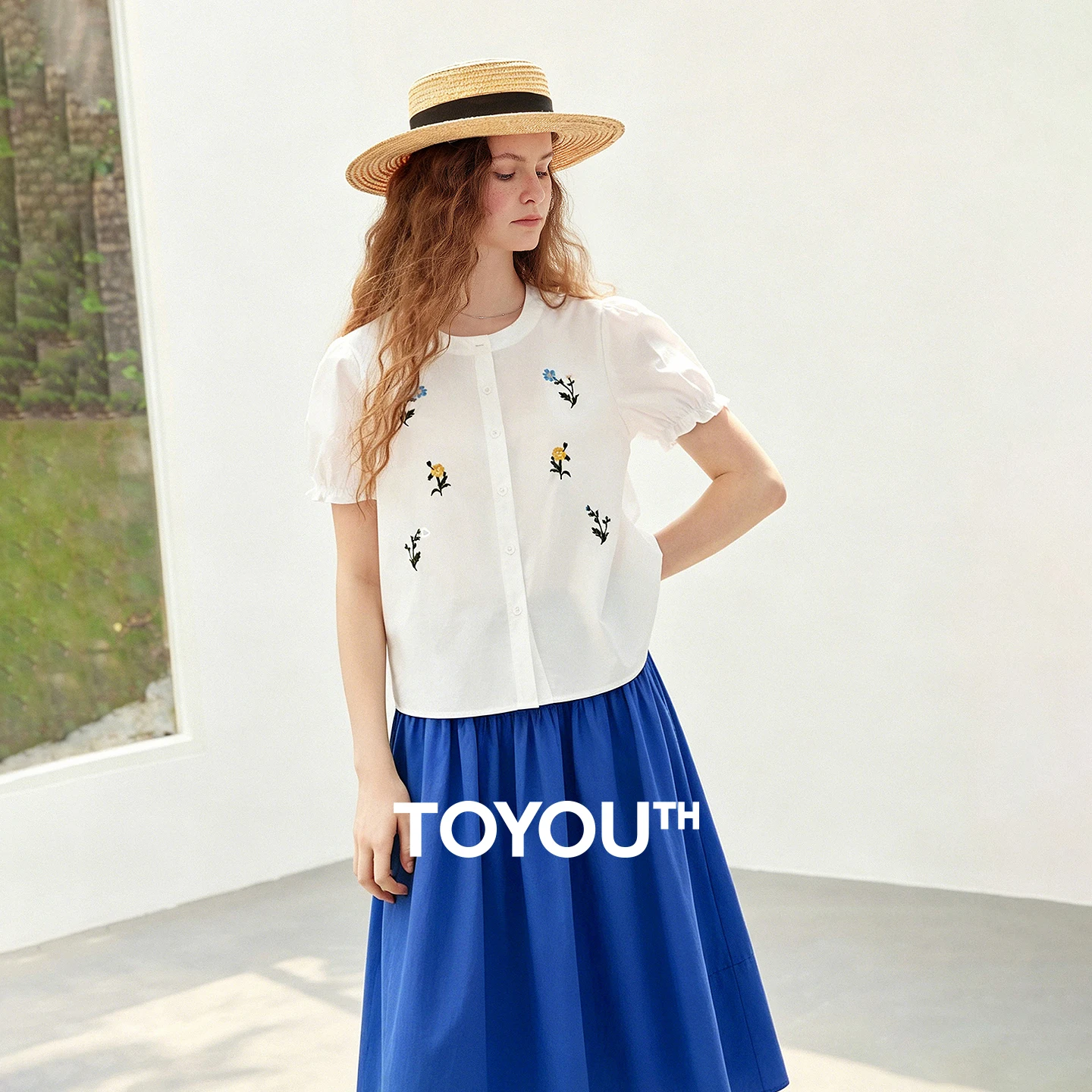 

TOYOUTH Women Shirt 2026 Summer New Puff Sleeve Wilderness Poetic Floral Embroidery Short Sleeve Casual Tops