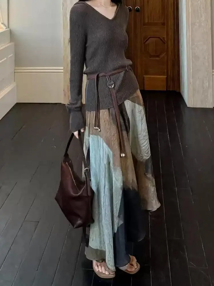 

Irregular Minority Casual Personalized Half Skirts Women Early Autumn Vintage Fashion Print High Waist Slim Fit Skirt