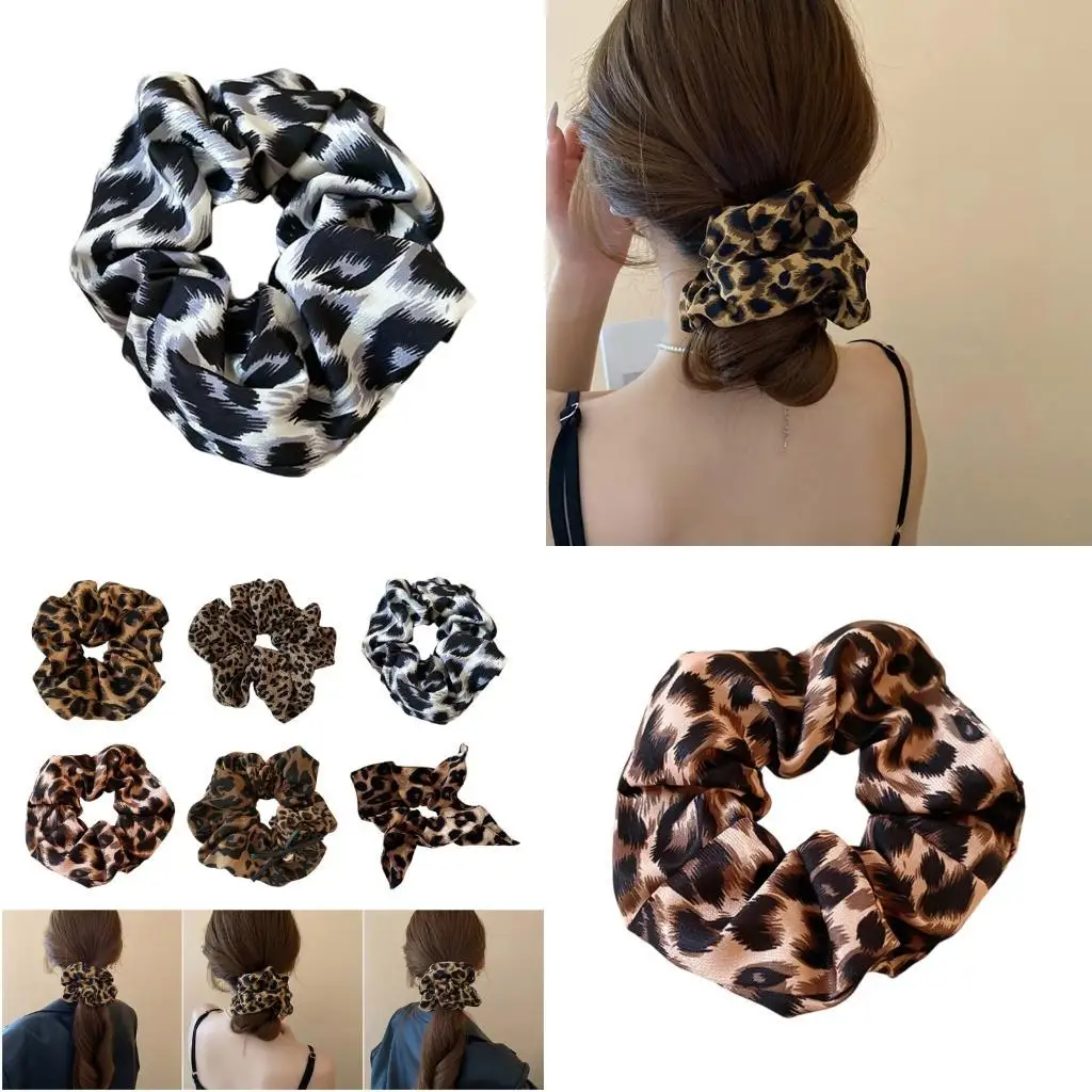 

652F Women Leopard Pattern Hair Scrunchies Fabric Elastic Hair Ties Nonslip Strong Grip For Various Hair Types 2 Pieces