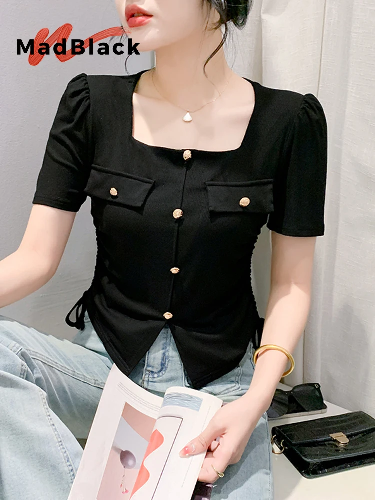 

MadBlack European Clothes T-Shirt Women Sexy Square Collar Button Slim Cotton Slit Tops Short Sleeve Tees Summer T443132JC