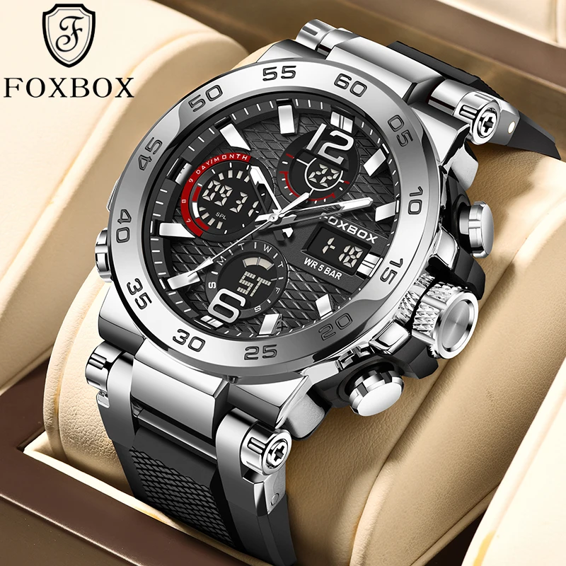 FOXBOX 2026 Fashion Luxury Quartz Men's Watch Waterproof Dual Display Luminous Chronograph Sports Watch for Men reloj hommes+BOX