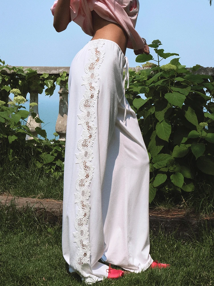 

ITSNIKAR Textured Hollow Lace Casual Pants Women Summer Wide Leg Slim Straight Pants Dstring Belt Long Pants