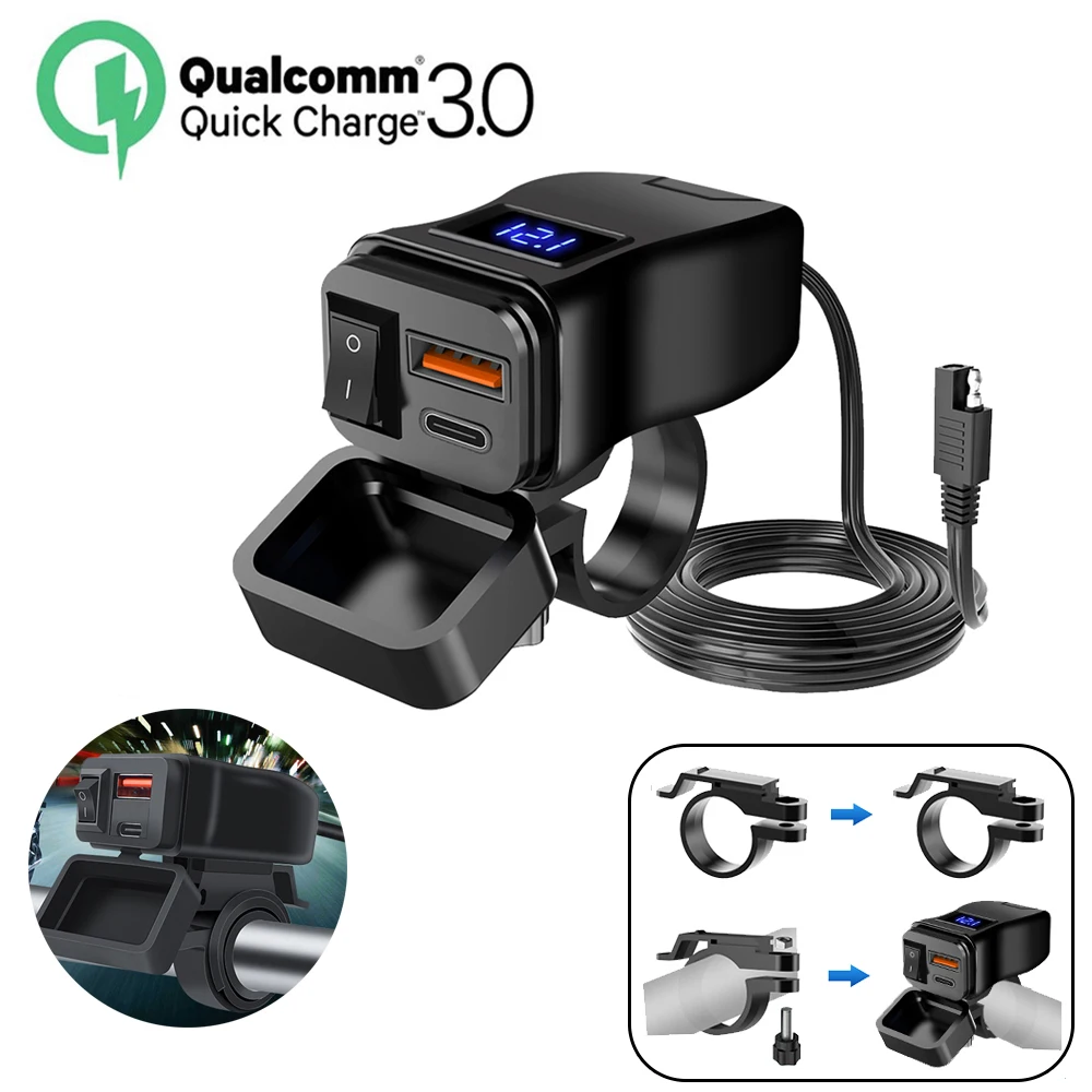 

PD + QC3.0 Быстрое зарядное устройство USB для мотоцикла, 60 Вт, двойной USB-разъем на руль с переключателем, вольтметр, водонепроницаемый адаптер питания 12 В