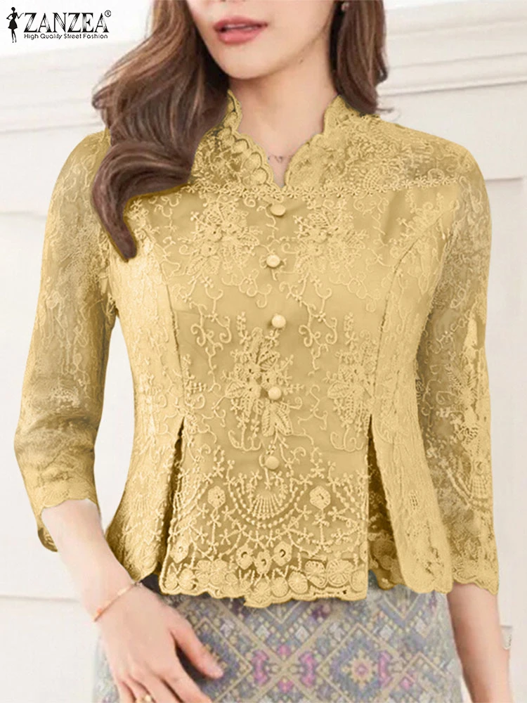 

ZANZEA Elegant Women Blouse Summer Lace Shirts 2025 Fashion V-Neck Casual Office Lady Tunic Tops Waisted 3/4 Sleeve Blusas Femme