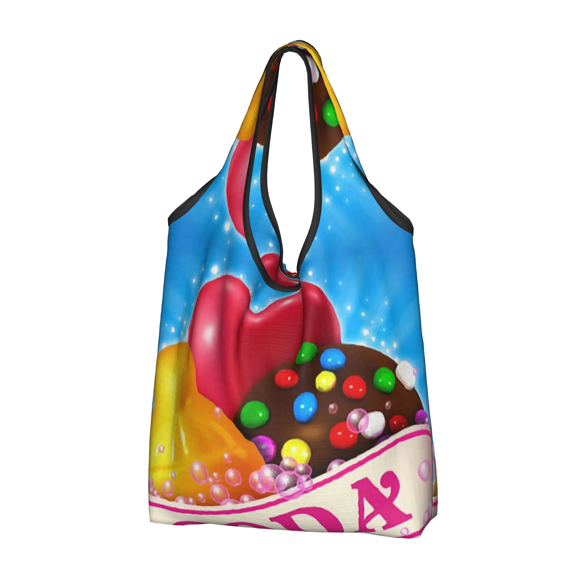 Custom Video Game Colorful  Candy Crush Saga  Shopping Bag Women Portable Big Capacity Groceries  Tote Shopper Bags