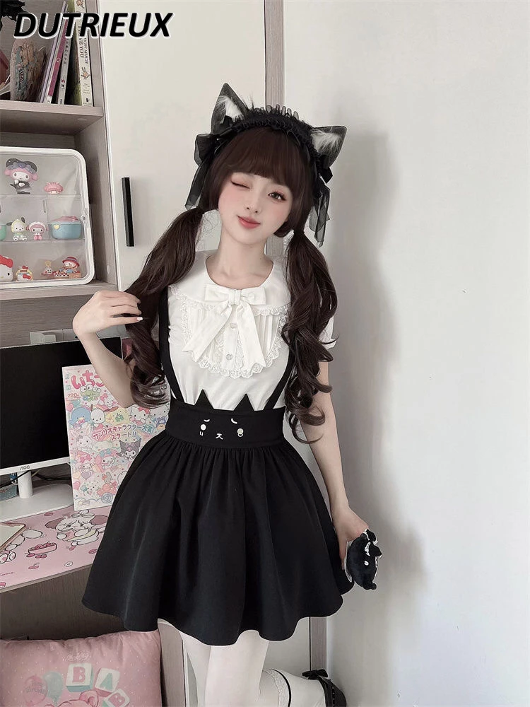 Sweet Cute Girl Embroidered Suspender Skirt White Doll Collar Bottoming Top Short Sleeve Shirt Outfit Womens Two Piece Sets