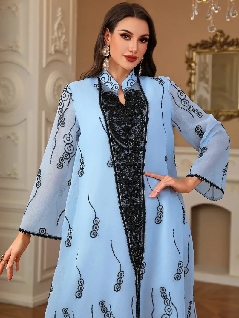 

Абая для женщин Дубай 202, осенняя мода, мусульманское женское платье с длинным рукавом и v-образным вырезом из полиэстера, длинное платье макси, кафтан, мусульманское платье для женщин