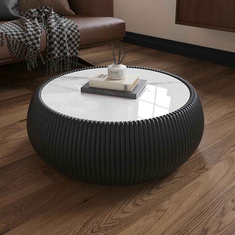 Light Sintered stone Top Drum Shape Leather Coffee modern Sofa Table for Living Room (Each tabletop has a unique grey pattern)