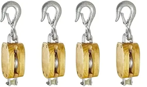 C0616900076 4" Single Wood Manila Rope Block with Hook, 1000 lbs Load Capacity, 1/2" Rope, 2-1/4" Sheave (3)