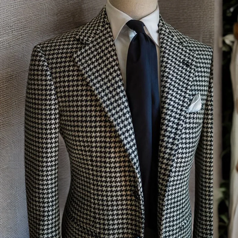 Blazer d'affaires pied-de-poule pour hommes, veste de costume à revers cranté à carreaux, manteau fo
