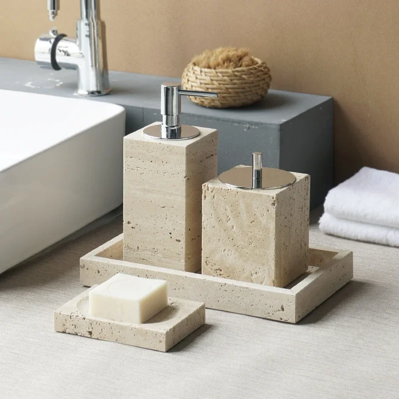 100% Natural Marble Beige Travertine Bathroom Accessories Set Soap Dispenser Soap Dish Diffuser Tray