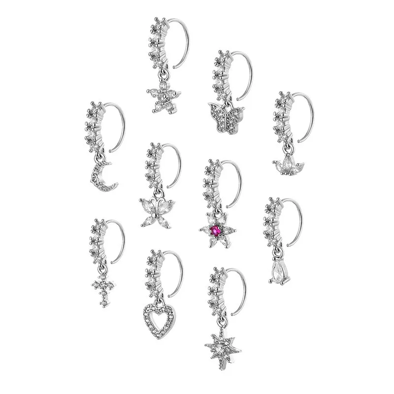 1pc/Set Silver Plated Dangle Nose Ring Inlaid Shiny Zircon Butterfly Heart Cross 20G Cartilage Earring Dangling Nose Piercings