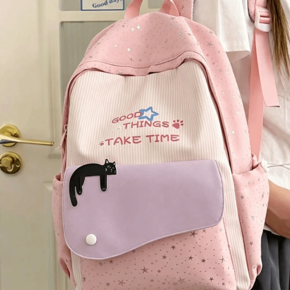 Cute Sweet Cat Star Backpack Multicolored Printed Nylon Rucksack Lightweight Durable Student School Bag Outdoor Use