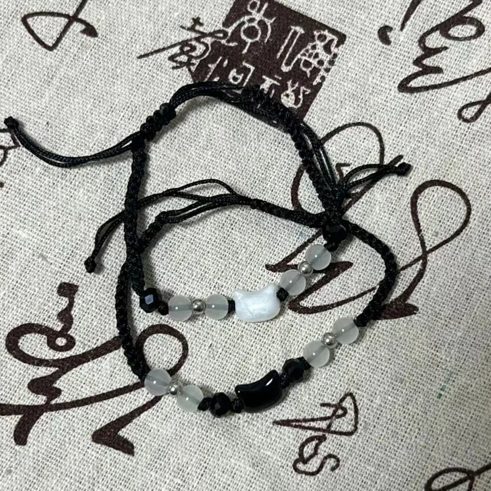 Minimalist Design Couple Bracelet Cute Black White Rabbit Woven Bracelet Beaded Moonstone Obsidian Cat Bracelet Gift Giving